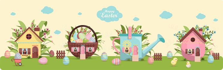 A set of brightly, colorful painted Easter eggs and a cute little houses in flowers. Vector illustration with a happy Easter wish. Template for a postcard, invitation, ad or banner. A bright, cute illustration for a spring Christian holiday.