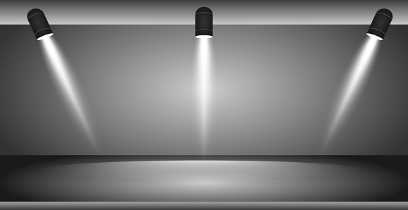 Realistic dark studio with spotlights lighting - Vector illustration