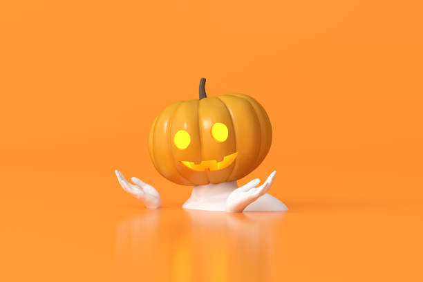 istock 3d rendering of Halloween pumpkin head on human sculpture body. 1342220344