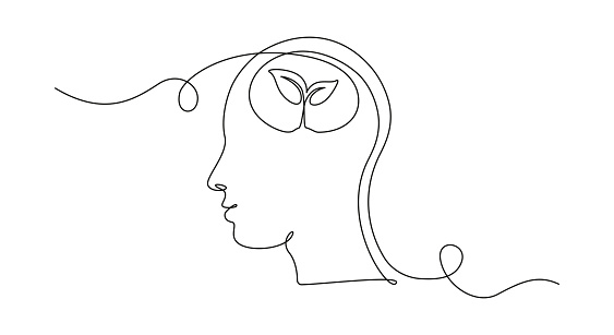 One continuous line drawing of human head with plant inside. Mental health and psychology vector concept. Creative ideas, grow up, positive thinking and self care. Growth mindset skills illustration.