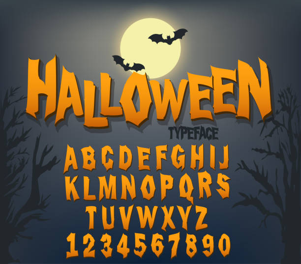 Halloween font, Original Typeface, Scary creepy alphabet, Dirty Letters, for holiday party. Vector Halloween font, Original Typeface, Scary creepy alphabet, Dirty Letters for holiday party and sale banners, poster with evil pumpkin, ghost and bat. Vector halloween stock illustrations