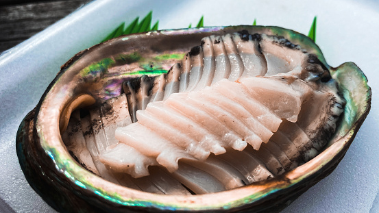 Sashimi of abalone in Japan　鮑　　Abalone is a luxury food in Japan.