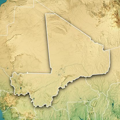 3D Render of a Topographic Map of Mali. Version with Country Boundaries.\nAll source data is in the public domain.\nColor texture: Made with Natural Earth. \nhttp://www.naturalearthdata.com/downloads/10m-raster-data/10m-cross-blend-hypso/\nRelief texture: SRTM data courtesy of NASA JPL (2020). URL of source image: \nhttps://e4ftl01.cr.usgs.gov//DP133/SRTM/SRTMGL3.003/2000.02.11\nWater texture: SRTM Water Body SWDB:\nhttps://dds.cr.usgs.gov/srtm/version2_1/SWBD/\nBoundaries Level 0: Humanitarian Information Unit HIU, U.S. Department of State (database: LSIB)\nhttp://geonode.state.gov/layers/geonode%3ALSIB7a_Gen