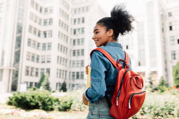 istock Student Girl Posing With Backpack Standing Back To Camera Outside 1342222209