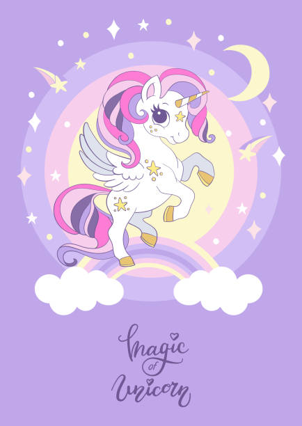 Cute Cartoon Unicorn On A Rainbow Poster Vector Illustration Stock  Illustration - Download Image Now - iStock