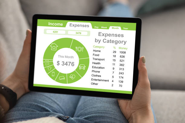 istock Relaxed housewife checking spendings, using mobile app on pad 1342223199
