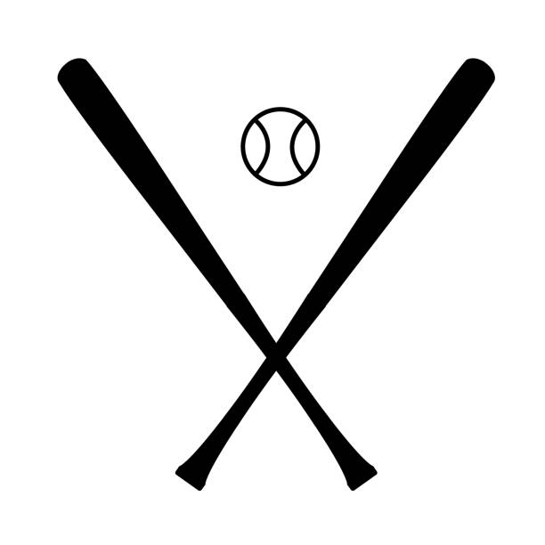 白い背景に野球のアイコン。木製の棒 野球サイン用。野球のバットとボールシンボル。フラットスタイル。 - hitting playing baseball athlete点のイラスト素材／クリップアート素材／マンガ素材／アイコン素材