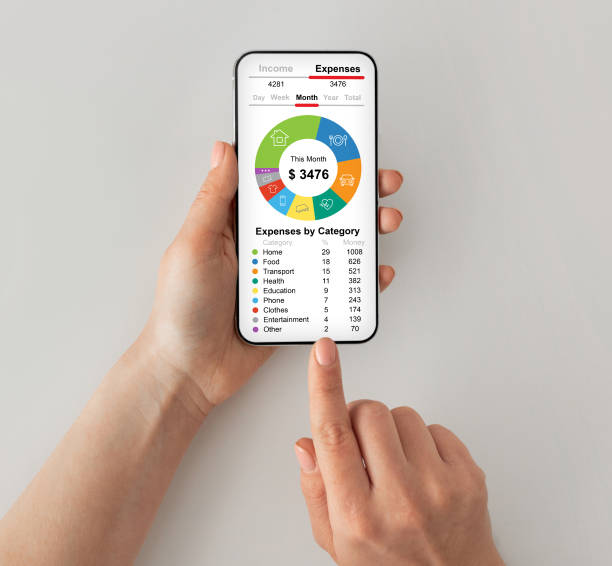 istock Mobile phone with financial application on screen, view above 1342226089