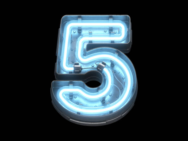 Metallic  font with blue neon lights. Number 5.