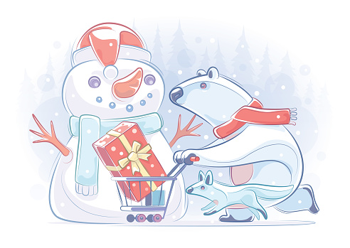 polar bear pushing shopping cart with wolf with snowman