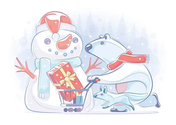 Vector illustration of polar bear pushing shopping cart with wolf with snowman