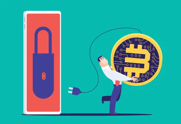 Vector illustration of businessman carrying electronic coin with safe smartphone