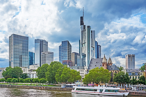 Frankfurt am Main, Germany - August 03, 2021: High-rise buildings in the financial district in Frankfurt am Main.