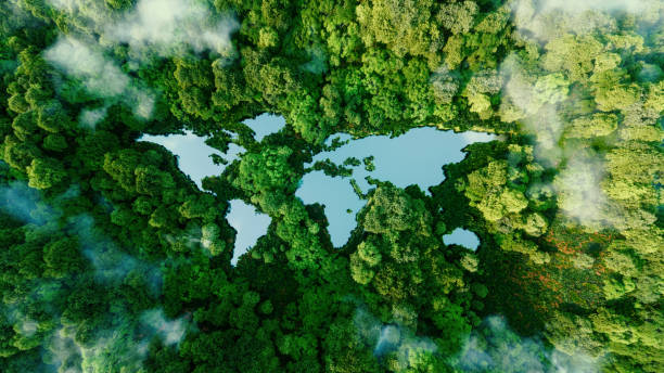 손길이 닿지 않은 자연의 한가운데에 있는 세계 대륙의 모양의 호수. 생태 여행, 보존, 기후 변화, 지구 온난화 및 자연의 취약성에 대한 은유.3d 렌더링 - world map 뉴스 사진 이미지