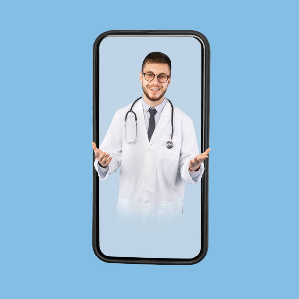 istock Male Doctor On Smartphone Screen Talking To Camera, Blue Background 1342229906