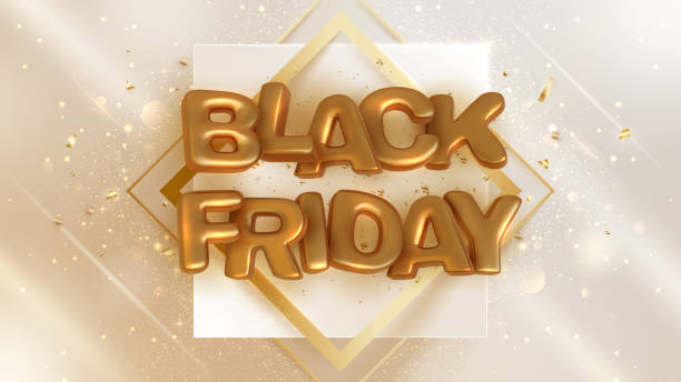 istock Black friday sale banner background, realistic 3d luxury gold lettering with ribbon on square shaped gold line with sparkling light effect. vector illustration. 1342230155
