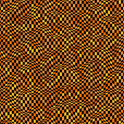 Orange-golden checked squares pattern. Offset position is semi random. On black background