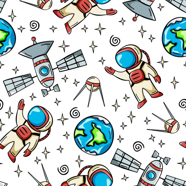 Hand drawn space pattern. Seamless pattern with astronaut, satellite and planets in doodle style. Hand drawn space pattern. astronaut designs stock illustrations