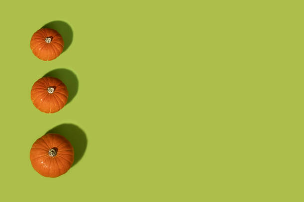 Creative autumn composition. Pumpkins on a green background. Flat lay, top view, copy space