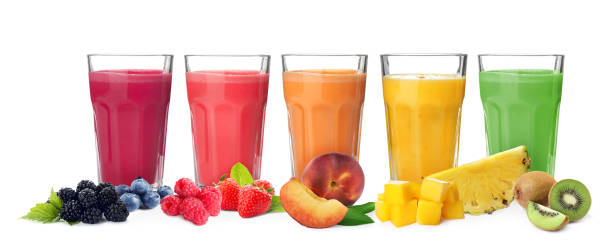 istock Different delicious smoothies in glasses on white background. Banner design 1342233447