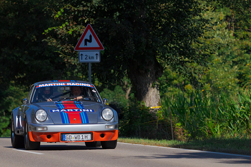 Heubach, Germany - September 19, 2021: 1977 Porsche 911 german oldtimer luxury sports racing car at the 9. Bergrevival Heubach 2021 event.