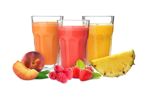 istock Different delicious smoothies in glasses on white background 1342233662