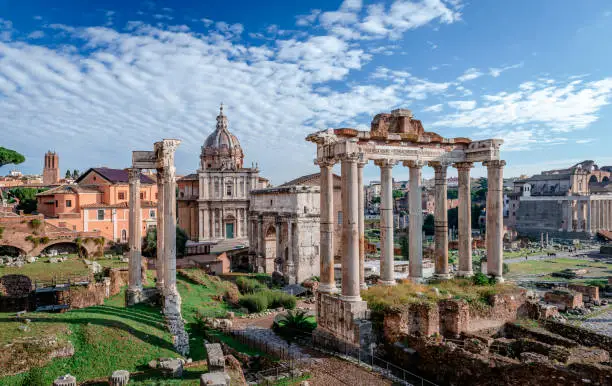 View of the Roman Forum and the Chiesa dei Santi Luca e Martina, seen from Capitoline Hill. Rome, italy.