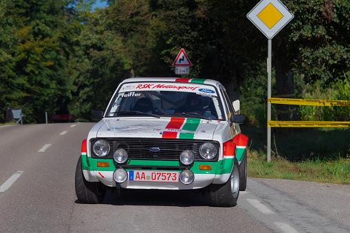 Heubach, Germany - September 19, 2021: 1979 Ford Escort RS oldtimer sports racing car at the 9. Bergrevival Heubach 2021 event.
