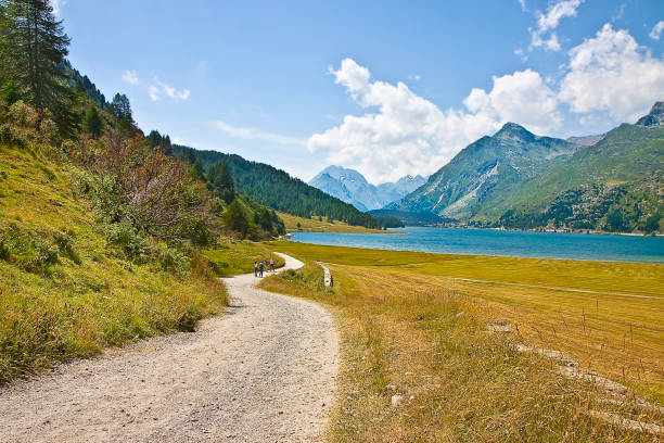 пейзаж вокруг озера зильс, озера сильваплана в верхней части долины энгадин - швейцария - европа - люди не узнаваемы - silvaplana стоковые фото и изображения