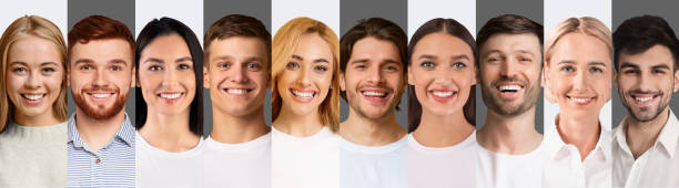 istock Smiling multiracial young men and women on white and grey 1342234911