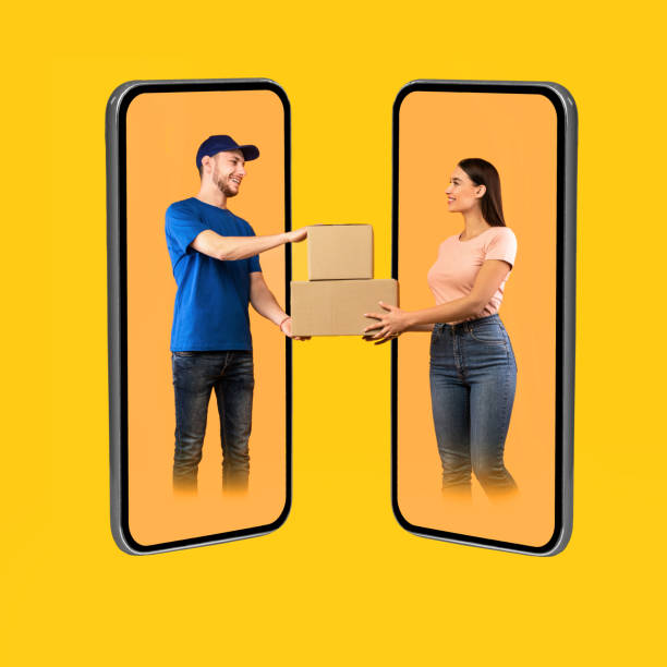 istock Courier And Female On Smartphone Screens Holding Boxes, Yellow Background 1342235125
