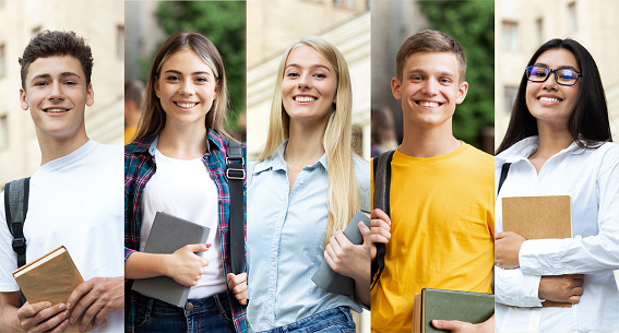 Successful Diverse Students Portraits In A Row Collage, Millennials Posing With Books Smiling To Camera Outdoors Near University Building. Education Concept. Panorama