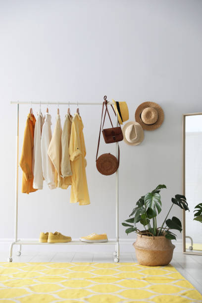 istock Rack with stylish women's clothes indoors. Interior design 1342235201