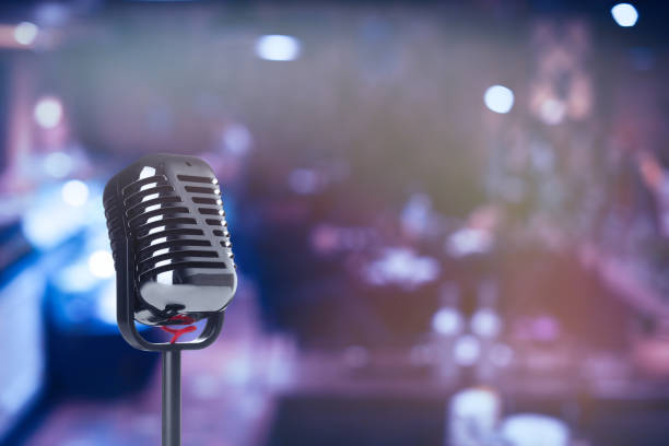 istock Vintage microphone in karaoke club. Space for text 1342235643