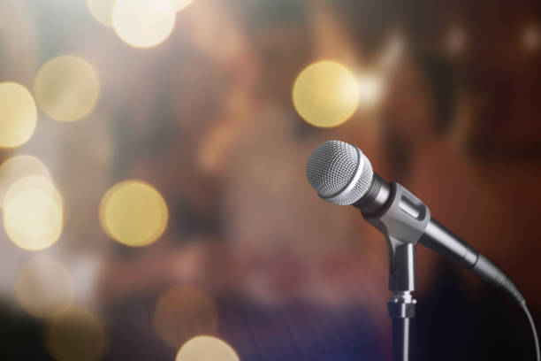 istock Modern microphone in karaoke club. Space for text 1342236322