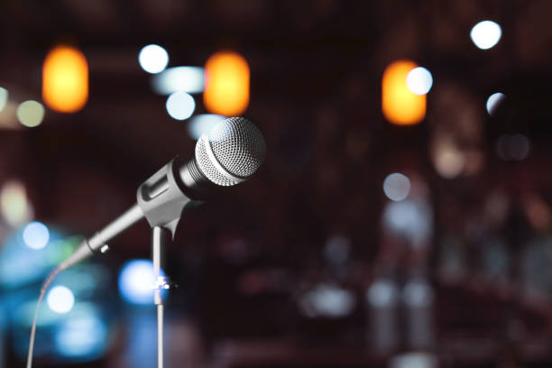 istock Modern microphone in karaoke club. Space for text 1342237172