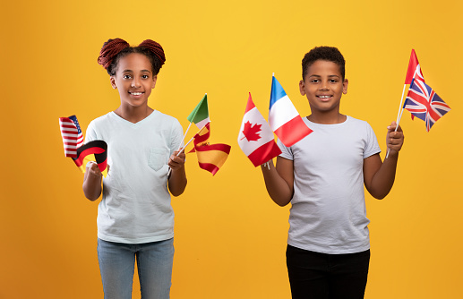 Happy black kids holding various flags, smiling african american brother and sister learning foreign languages at school or attending online classes, yellow studio background. Education abroad concept