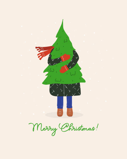 istock Merry Christmas greeting card. Man holding a Christmas tree in his hands. Vector holiday design template 1342238658