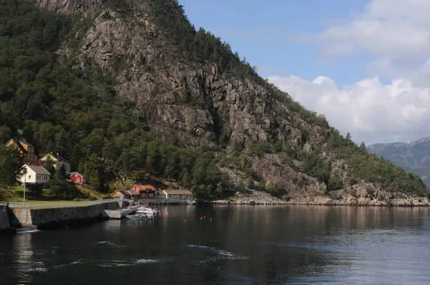 Photo of Flørli community in Lysefjord (Lysefjorden) fjord in Norway in summer