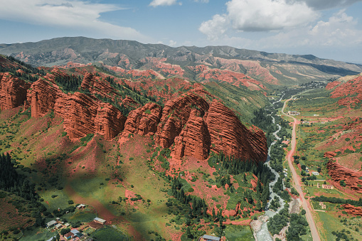 Scenic aerial view of canyon in Kyrgyzstan  at sunset in summer