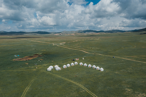 Scenic aerial view of yurts in steppe of Kyrgyzstan in summer