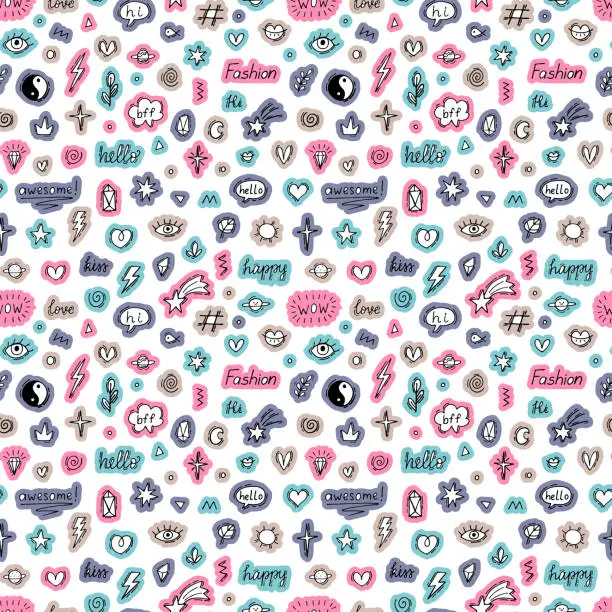 Vector illustration of Cute abstract seamless pattern with hand drawn doodle elements. Stickers