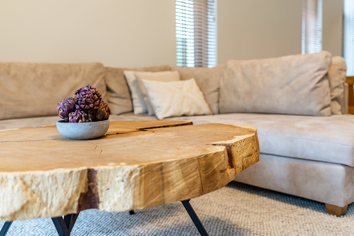 Massive coffee table made from solid tree trunk.