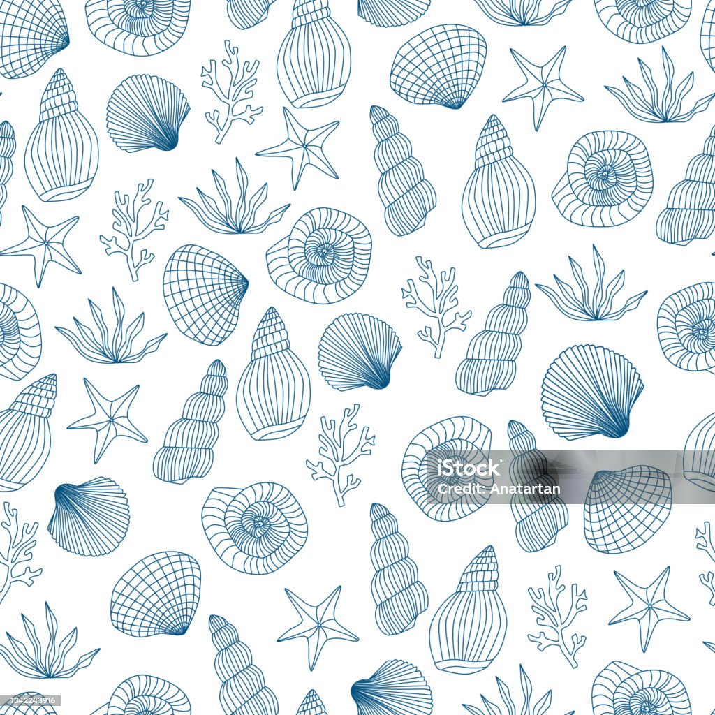 Sea Graphical Pattern Seamless Sea Pattern With Shell Starfish Seashell Coral Algae Seaweed ...