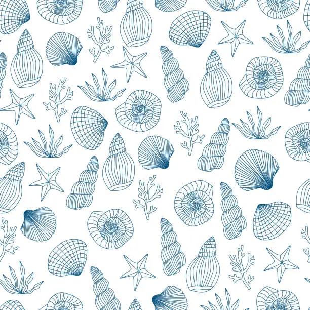 Vector illustration of Seamless sea pattern with shell, starfish, seashell, coral, algae, seaweed. Ocean vector illustration.