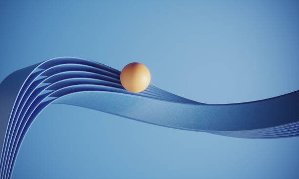 Orange Colored Ball Standing On Wavy Ribbons Orange colored ball standing on blue wavy ribbons on blue background, can be used in balance, career growth etc. concepts. (3d render) concepts stock pictures, royalty-free photos & images