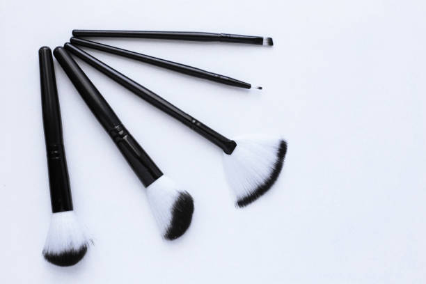 istock Black brushes with white and black pile for makeup of different sizes lie on a white background, they lie like a fan in the corner. top view, flat lay, copy space, isolate 1342244537