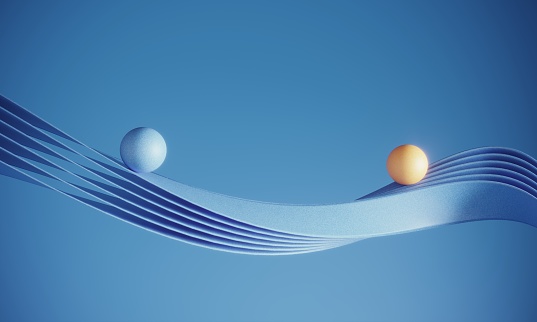 Orange colored and blue balls riding on the blue wavy ribbons on blue background, can be used in balance, career growth, money improvement etc. concepts. (3d render)