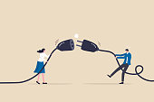istock Disconnected business, broken communication, 404 or disconnect from social media distraction or monitor screen, young man and young adult woman pull electric socket plug to disconnect from internet. 1342247035