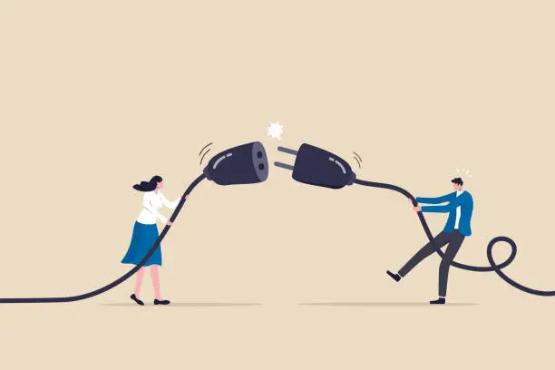 Vector illustration of Disconnected business, broken communication, 404 or disconnect from social media distraction or monitor screen, young man and young adult woman pull electric socket plug to disconnect from internet.